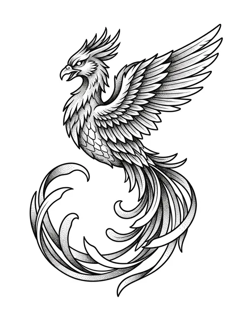 Black and grey dotwork phoenix tattoo design
