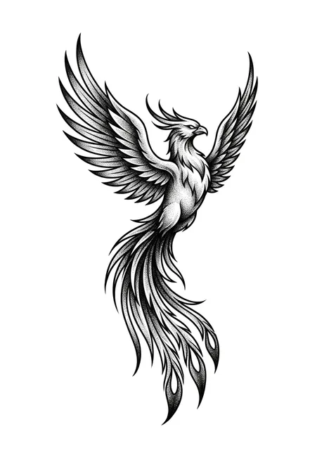 Black and grey dotwork phoenix tattoo design