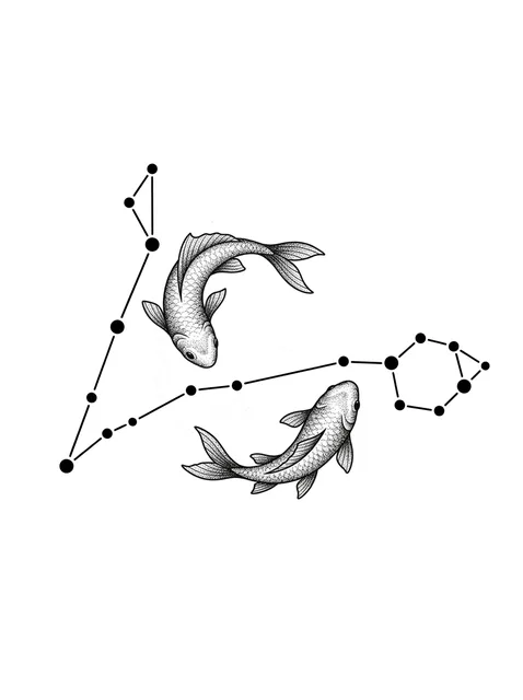 Black and grey dotwork fish and pisces tattoo design