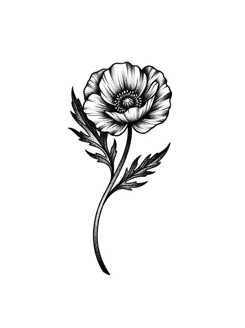 dotwork poppy tattoo design, black and grey