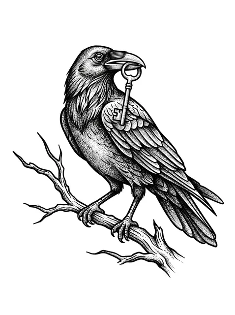Black and grey dotwork raven and key tattoo design