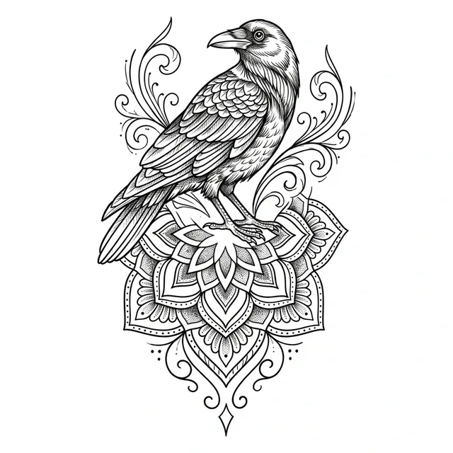 dotwork Raven tattoo design, black and grey