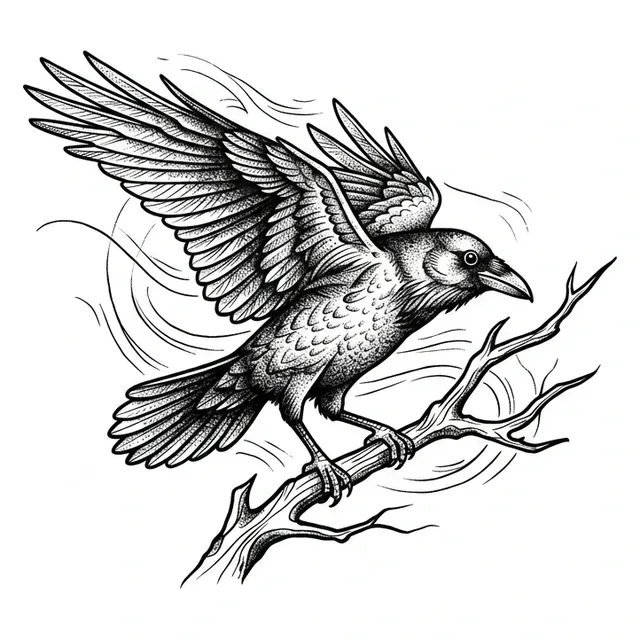 dotwork Raven tattoo design, black and grey