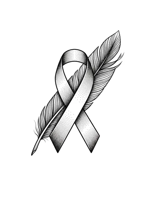 Black and grey dotwork ribbon and feather tattoo design