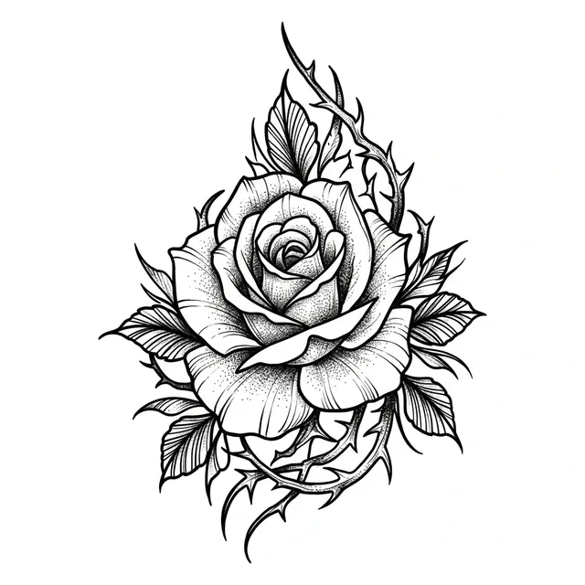 Black and grey dotwork rose and leaf tattoo design: a detailed rose with thorny vines and leaves