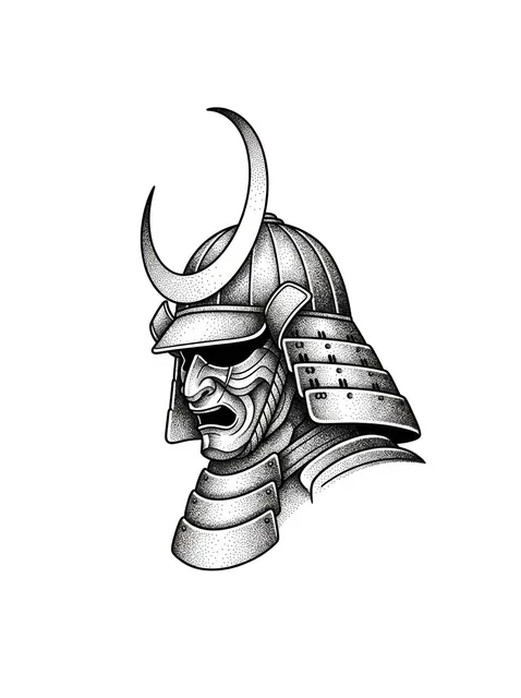 Black and grey dotwork samurai tattoo design: a samurai helmet and mask