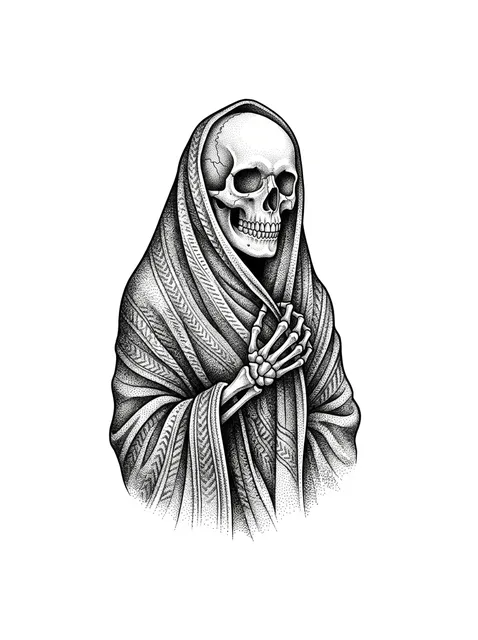 Black and grey dotwork skeleton and santa muerte tattoo design