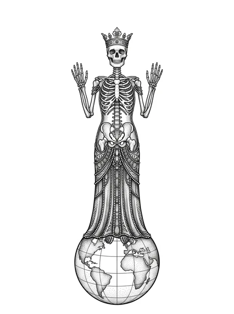 Black and grey dotwork crown and santa muerte tattoo design