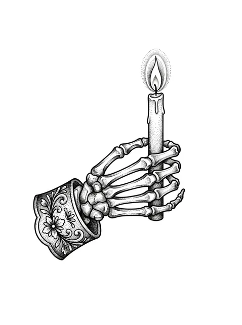 Black and grey dotwork skeleton and santa muerte tattoo design: a skeletal hand holding a lit candle