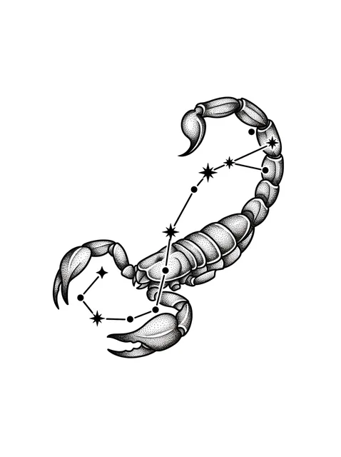 Black and grey dotwork scorpion and constellation tattoo design: a scorpion with its tail curled