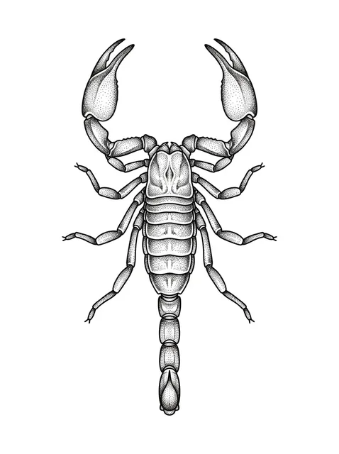 Black and grey dotwork scorpion tattoo design: a scorpion, viewed from above