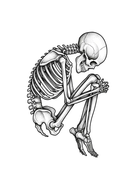 Black and white dotwork skeleton and skull tattoo design: a figure curled up in a fetal position