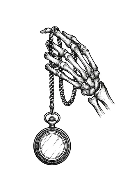 Black and grey dotwork skeleton hand and clock tattoo design