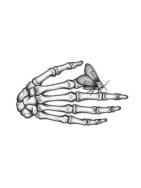 Black and grey dotwork moth and skeleton hand tattoo design