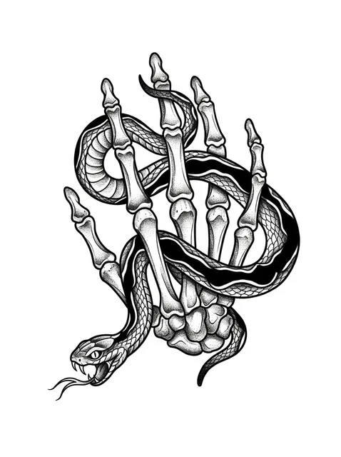 Black and grey dotwork skeleton hand and snake tattoo design
