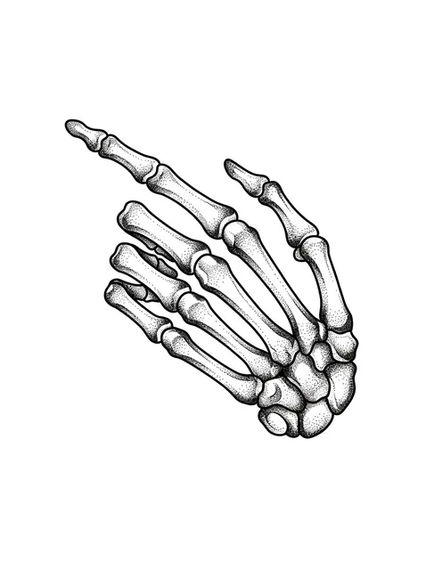 Black and grey dotwork skeleton hand tattoo design: a skeleton hand, with the index finger pointing