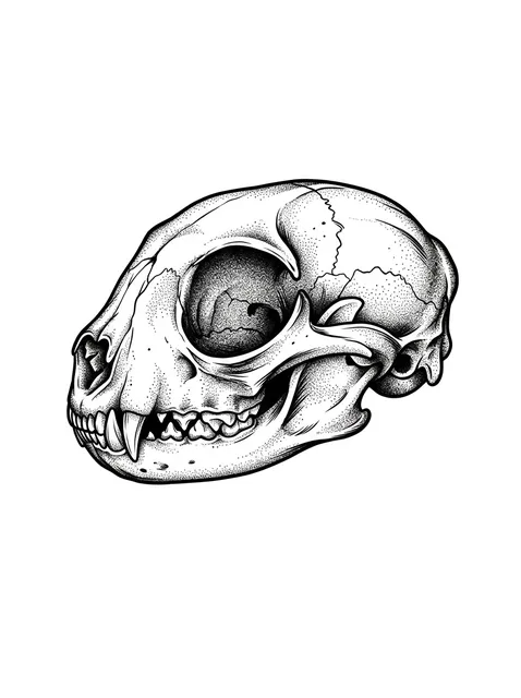 Black and grey dotwork cat and skull tattoo design: a feline skull