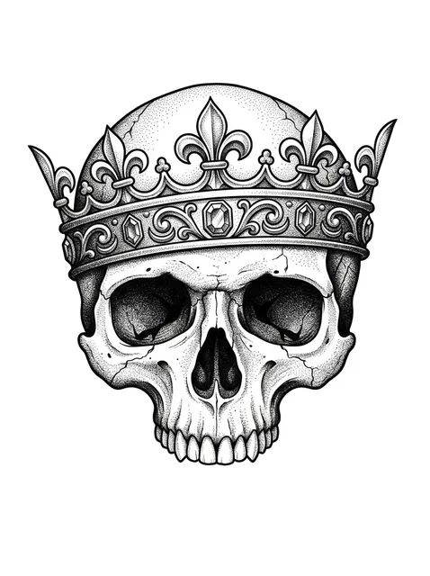 Black and grey dotwork crown and skull tattoo design