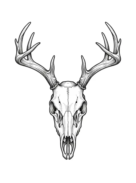 Black and grey dotwork deer and skull tattoo design: a deer skull with prominent antlers