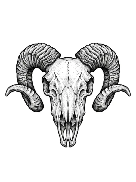 Black and grey dotwork goat and skull tattoo design: a ram skull with large, curved horns