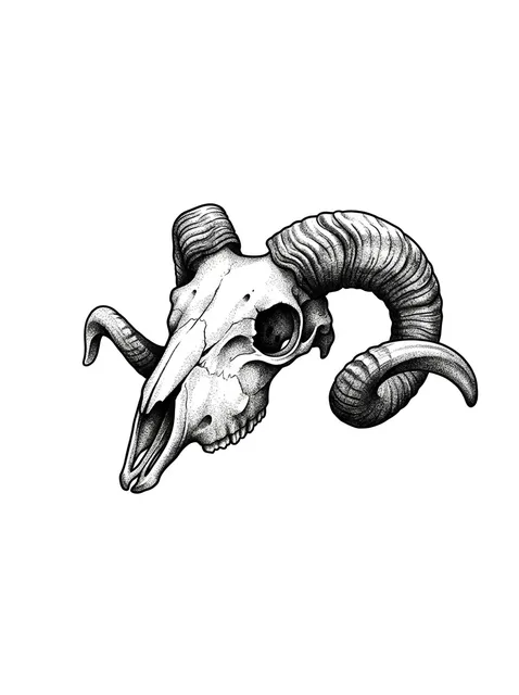 Black and grey dotwork skull and goat tattoo design