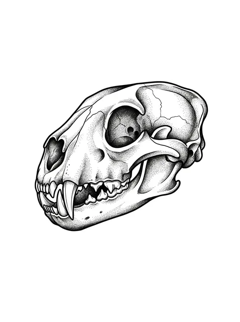 Black and grey dotwork skull tattoo design: an animal skull, possibly a feline or canine