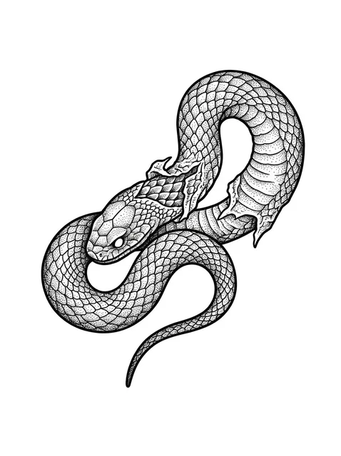 Black and grey dotwork snake tattoo design: a coiled snake, shedding its skin