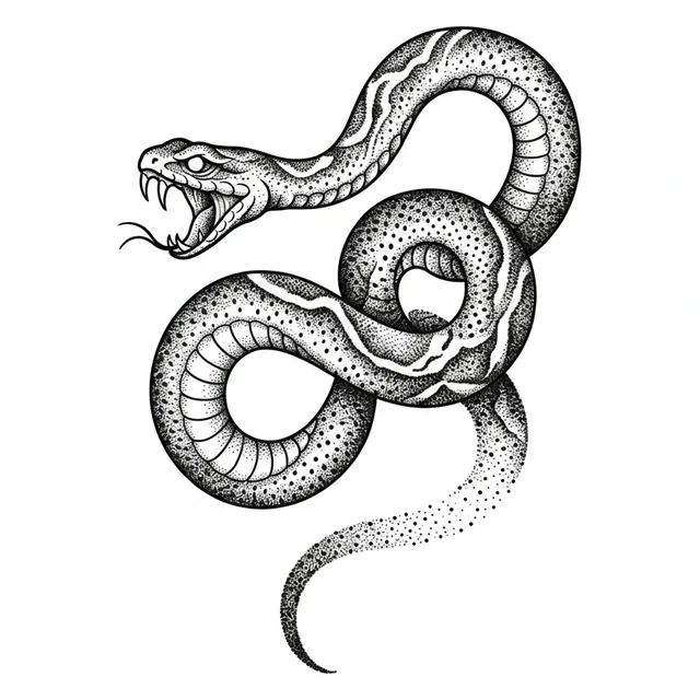 Black and grey dotwork snake tattoo design: a coiled snake
