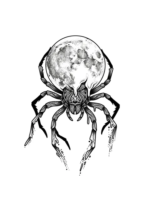 Black and grey dotwork spider and moon tattoo design