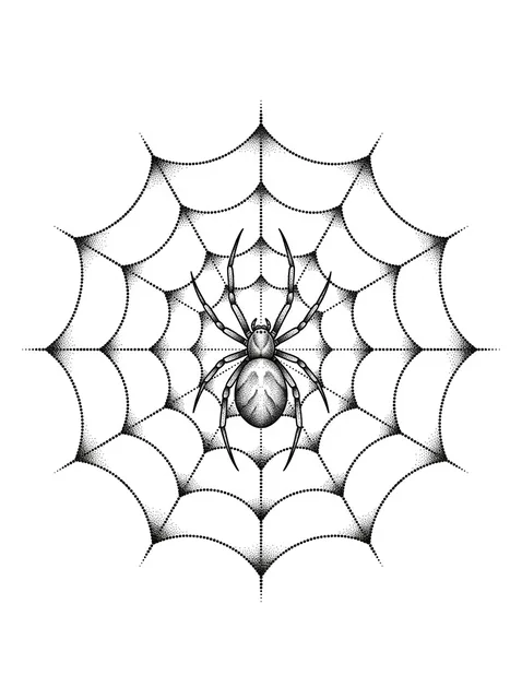 Black and grey dotwork spider and web tattoo design: a spider centered on a circular web