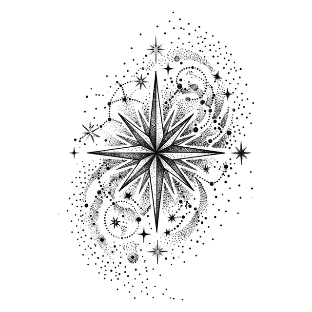 Black and grey dotwork star and constellation tattoo design