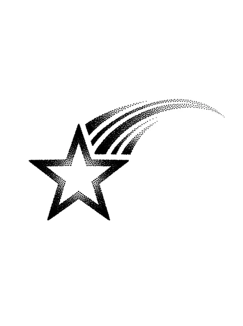 Black and grey dotwork star tattoo design: a stylized star with a trailing comet-like effect