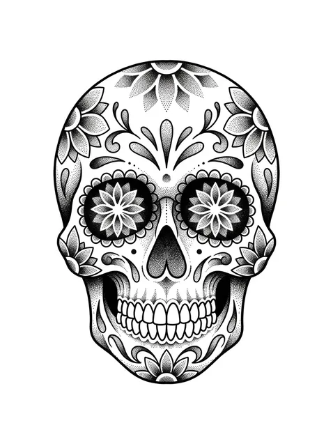 Black and grey dotwork sugar skull tattoo design
