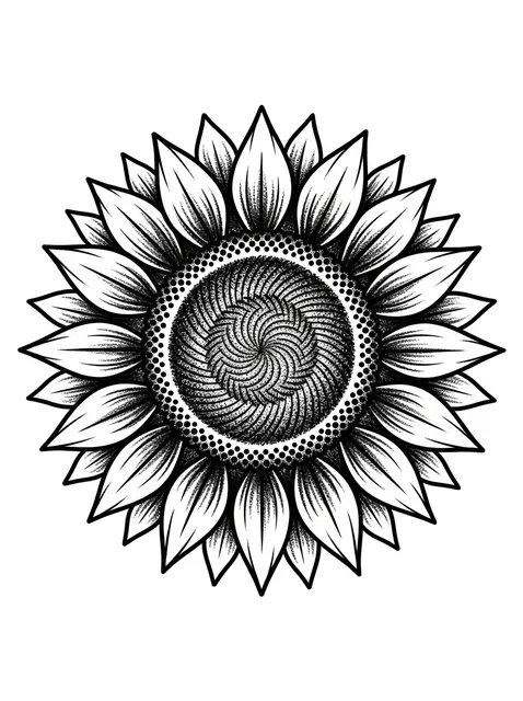 Black and white dotwork flower and sunflower tattoo design
