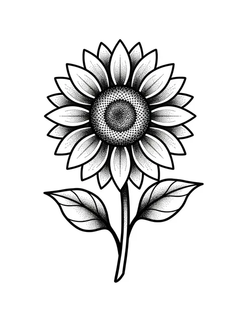Black and white dotwork sunflower and leaf tattoo design
