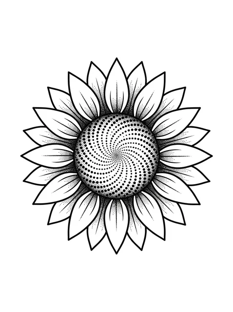 Black and white dotwork sunflower tattoo design: a mesmerizing spiral pattern in the center