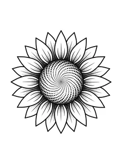 Black and white dotwork sunflower tattoo design: a mesmerizing spiral pattern in the center