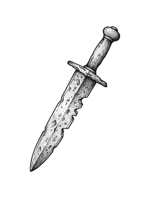 Black and grey dotwork dagger and sword tattoo design: a weathered and ancient-looking dagger