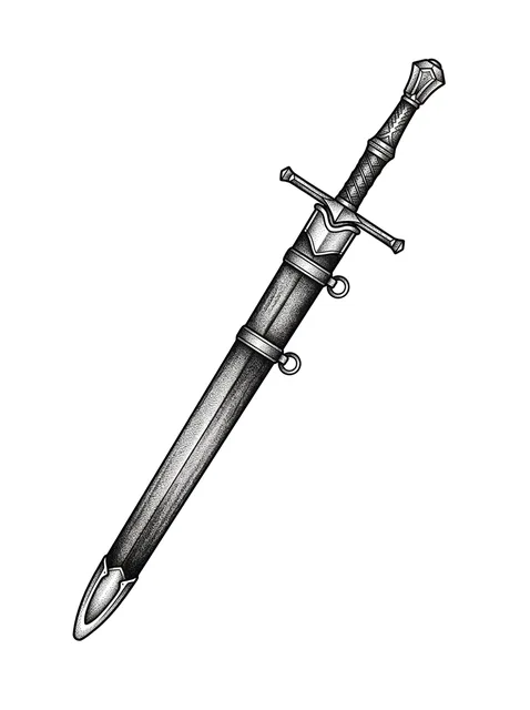 Black and grey dotwork sword tattoo design: a medieval sword in its scabbard