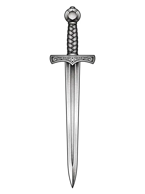 Black and grey dotwork sword tattoo design: a medieval sword