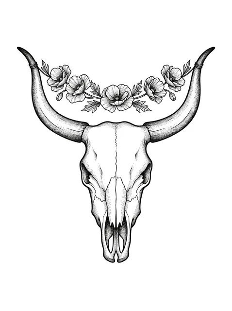Black and grey dotwork poppy and taurus tattoo design