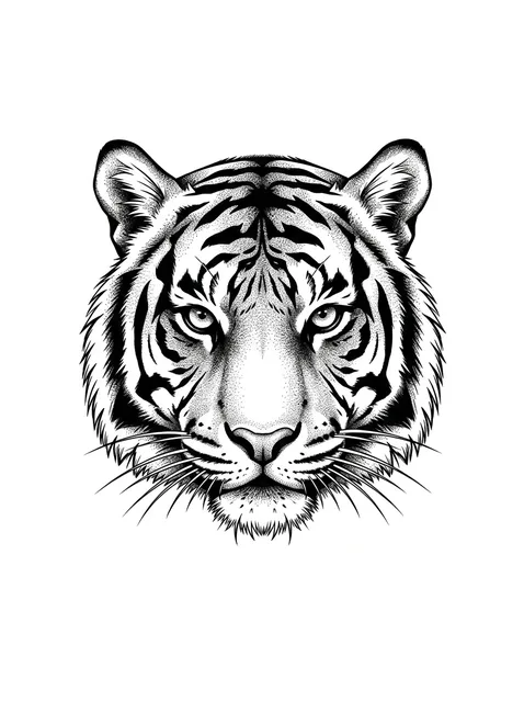 Black and grey dotwork tiger tattoo design: a tiger's head in a frontal view