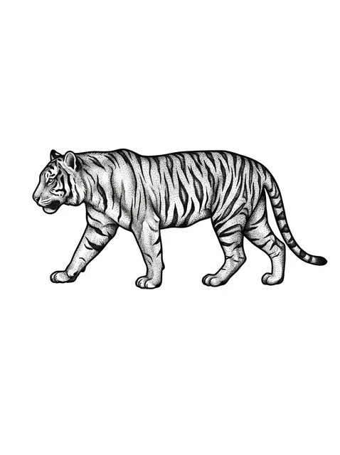 Black and grey dotwork tiger tattoo design: a tiger in profile, walking with a powerful stride