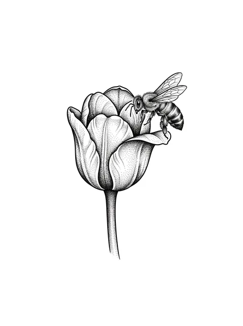 Black and grey dotwork tulip and bee tattoo design
