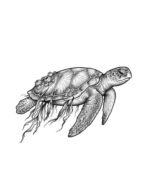 Black and grey dotwork turtle and leaf tattoo design: a sea turtle