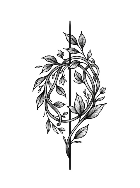 Black and grey dotwork vine and leaf tattoo design