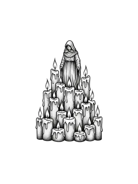 Black and grey dotwork virgin mary and candle tattoo design