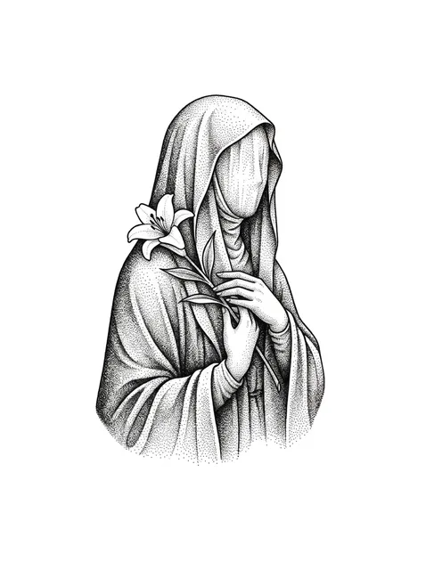 Black and grey dotwork lily and virgin mary tattoo design