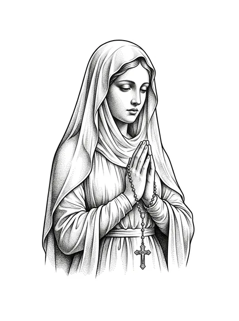 Black and grey dotwork virgin mary and praying hands tattoo design