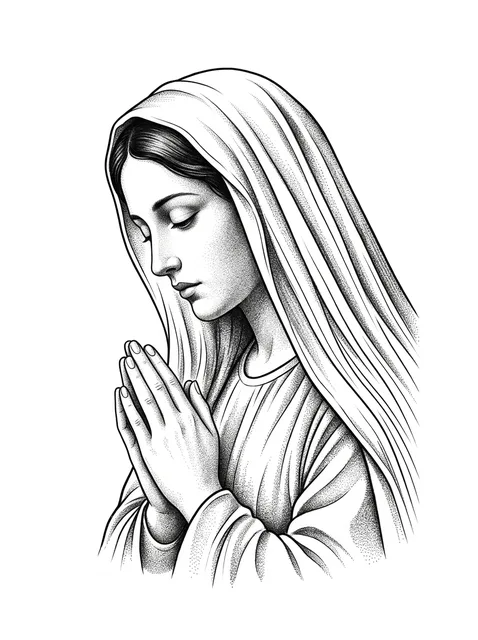 Black and grey dotwork virgin mary and praying hands tattoo design: the Virgin Mary in prayer